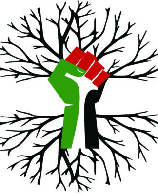 Fist, Green red and black, background with roots. -The Criterion