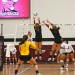 Megan Rush (left) looks on as Christian Otzen (middle) and Haleigh Higgins (right) attempt a block. - Photo: Michael Wong