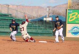 Senior Tim Fowler slides into second base against MSU-Billings earlier this month. He was walked in his only at-bat against Grand Canyon University over the weekend.