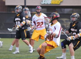 Midfielder Dylan Duresky looks to pass during the team's 8-7 loss to the WILA-leading Dominican University Penguins.