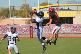 Colorado School of Mines’ redshirt-freshman Jalen Champagne (#18) hauls in one of the Orediggers’ three interceptions of the day.
