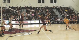 Junior setter Jordyn Moody (#7) sets up junior Melissa Hess for an attempted kill during CMU’s 3-1 loss to Western New Mexico. Photo: Malissa Smithey