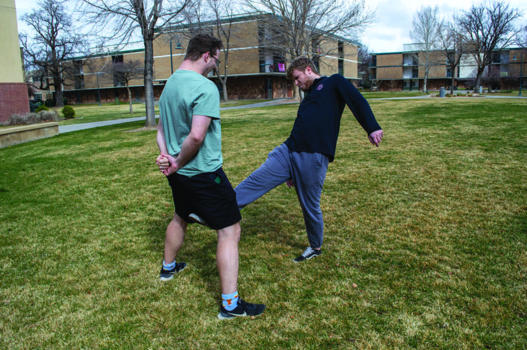 Two upstanding fraternity brothers energetically engage in a game of Ball Busters on Delta Field.
While some may look at this game as “immature” and “stupid”, advocates insist on its ability to instill discipline, grit and further character development.  