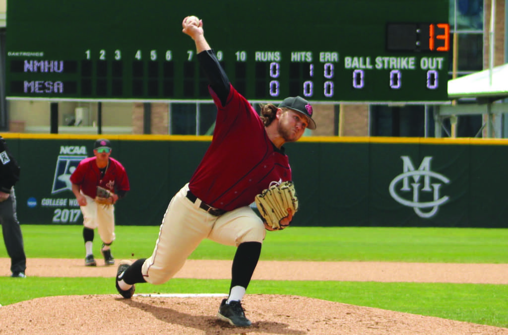 Jordan Pace rips a pitch to homeplate during a 11-0 win to close the series versus New Mexico Highlands.
Pace pitched his best game of the season, going five innings dealing four Ks and only allowing three hits. 