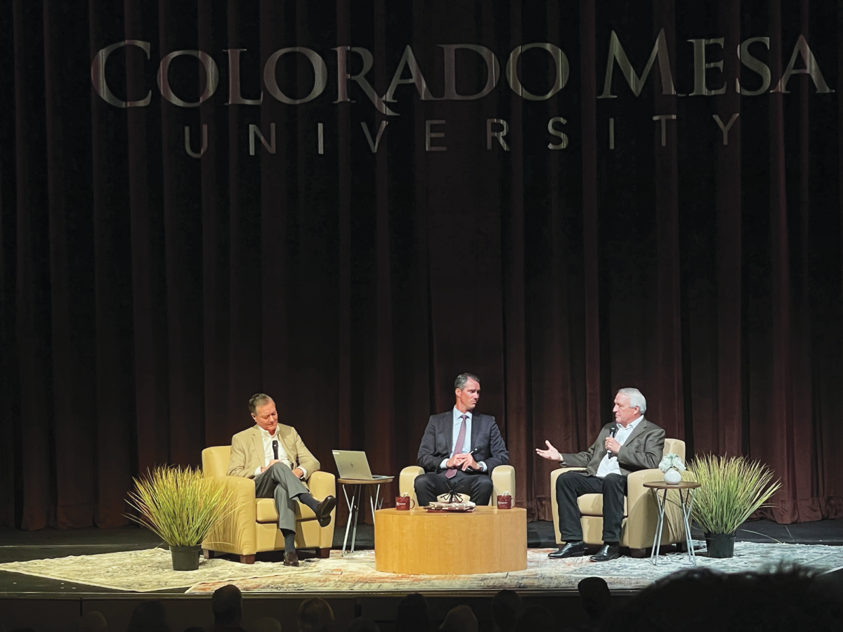 President Marshall on stage with Former Governors Bill Owens and Bill Ritter. The Evening With The Governors event emphasized the importance of finding mutual political ground.
