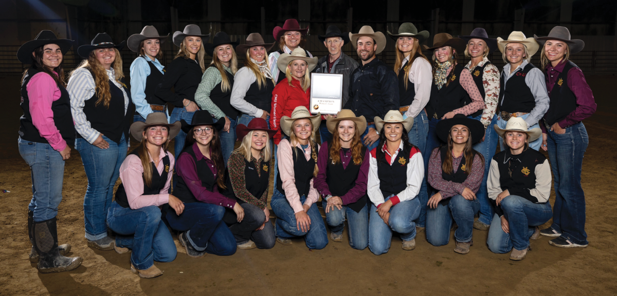 The 2023-24 women's rodeo team poses with the Rocky Mountatin Region Trophy.
The team is attempting to repeat their historic season this year, following the loss of two points leaders.
// Courtesy of Wylee Mitchell