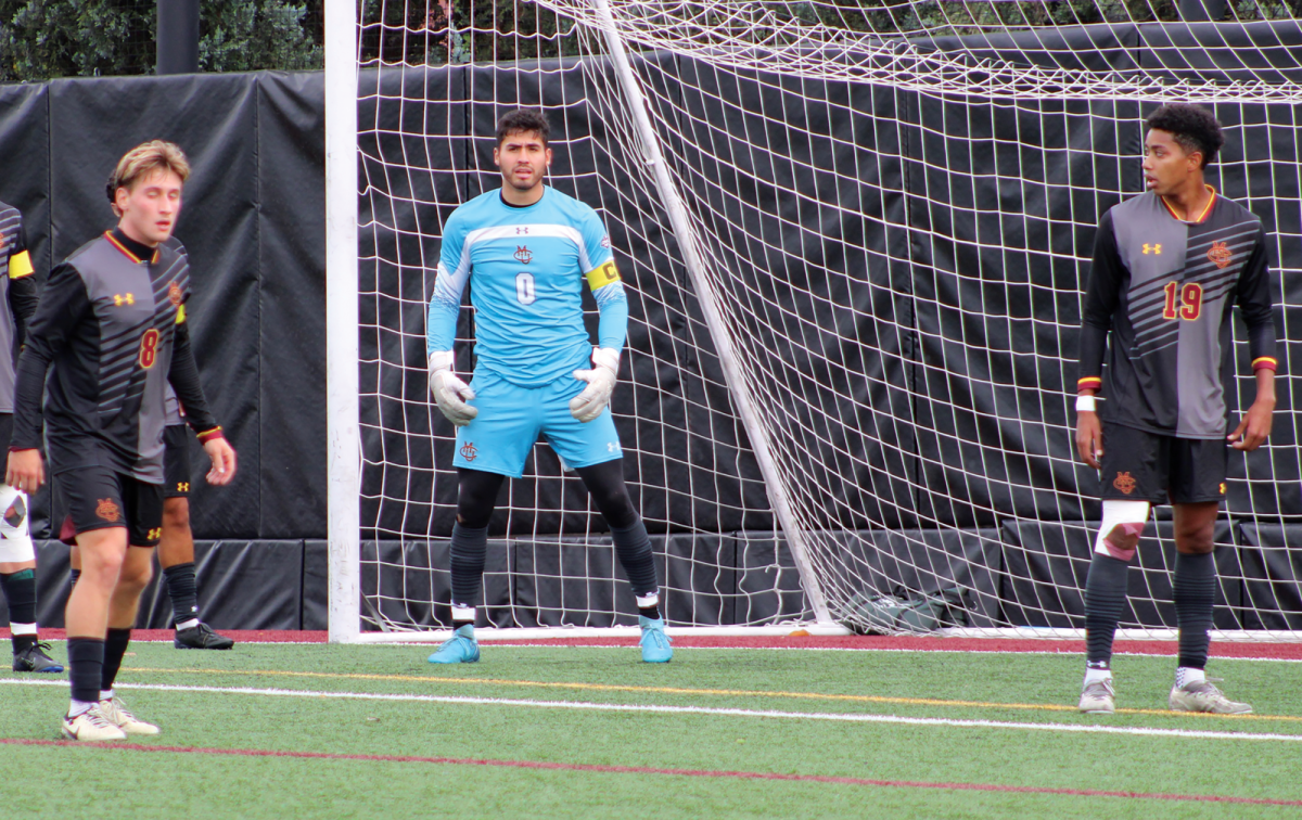 Diego Chavez awaiting a free kick against Colorado Christian.
Chavez leads the RMAC in save percentage, saving over 80% of the shots he faces.
\ Jordan Messler for The Criterion