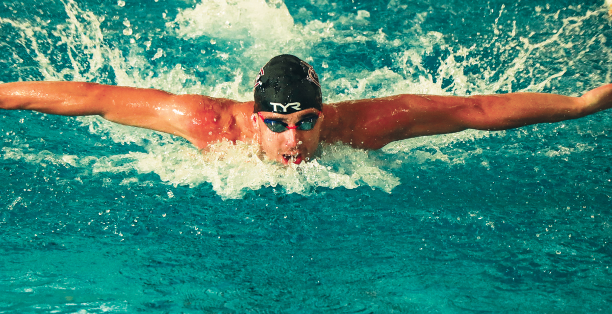 Dejan Urbanek during the first heat of 400 yard medley relay. 
The Mavericks won that event, along with an overall win over RMAC foe CSU-Pueblo.
// Westin Winter for The Criterion