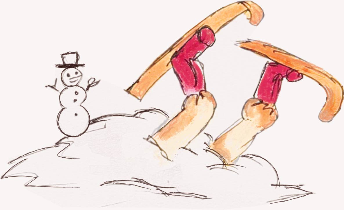 A hand drawn comic of a clumsy skier that gets trapped in a snow bank.