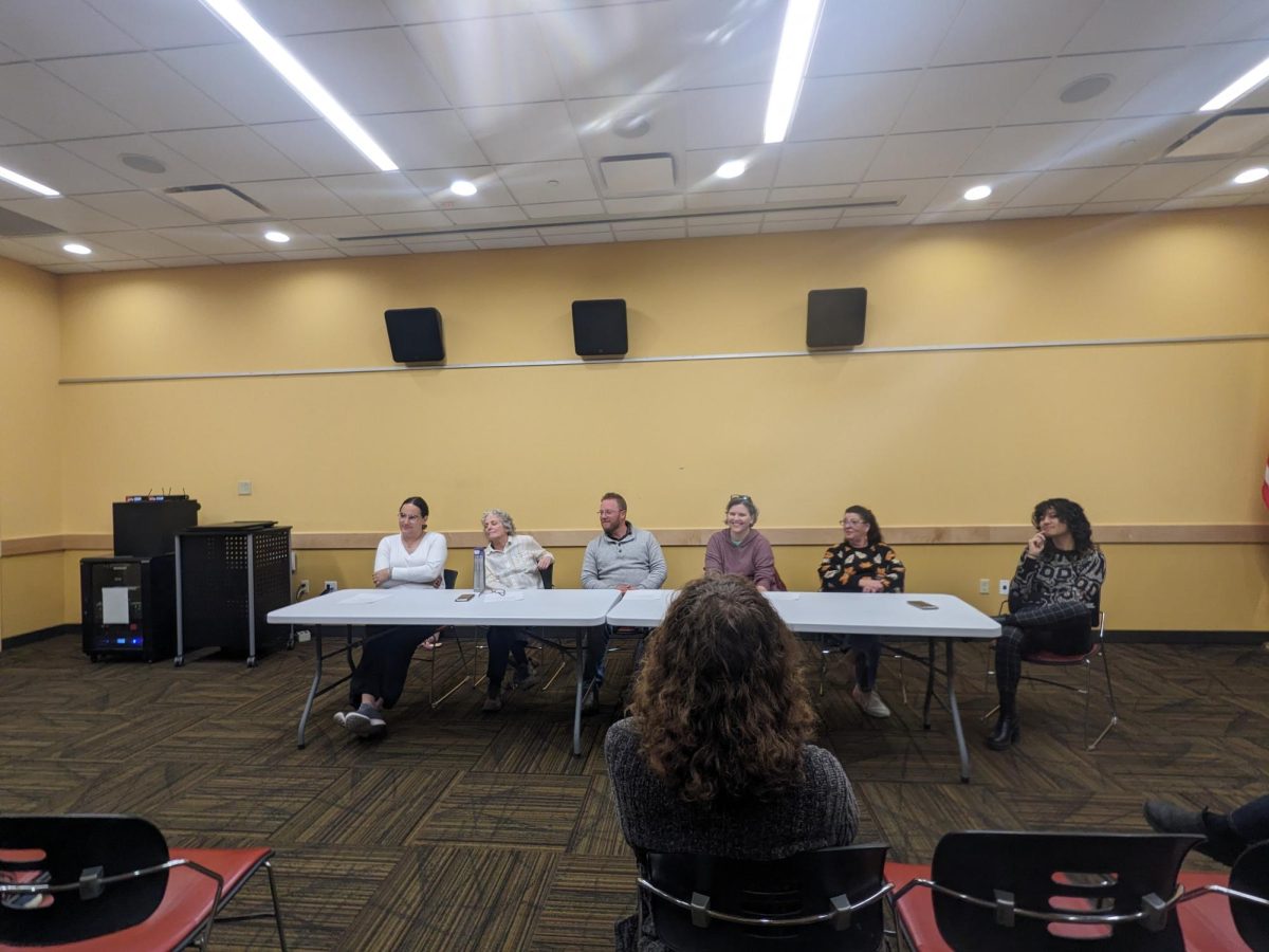 (Left to right) CMU student Evelyn Drollinger-Smith, adjunct lecturer Jennifer Miller, Jared Prochnow, Dr. Amy Barker, Heidi Hess, and CMU student Tahirih Bochmann answering audience questions.