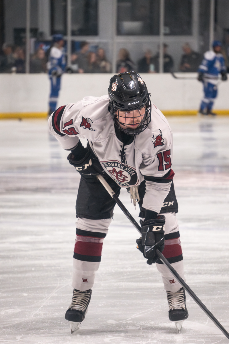 Junior forward Mason Ripley preparing for a face-off against the Air Force Falcons earlier this season. Ripley has netted four goals and dished out two assists in his 13 games of work for the Mavs this season                   
 \\ Courtesy of @emma.phillipsphotos