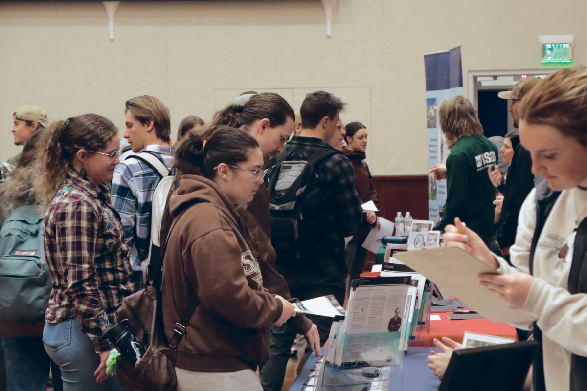 Students connect with potential employers during the Spring 2024 Environmental Career Fair. 
Employers offer opportunities for internships and positions to students in related degree programs.