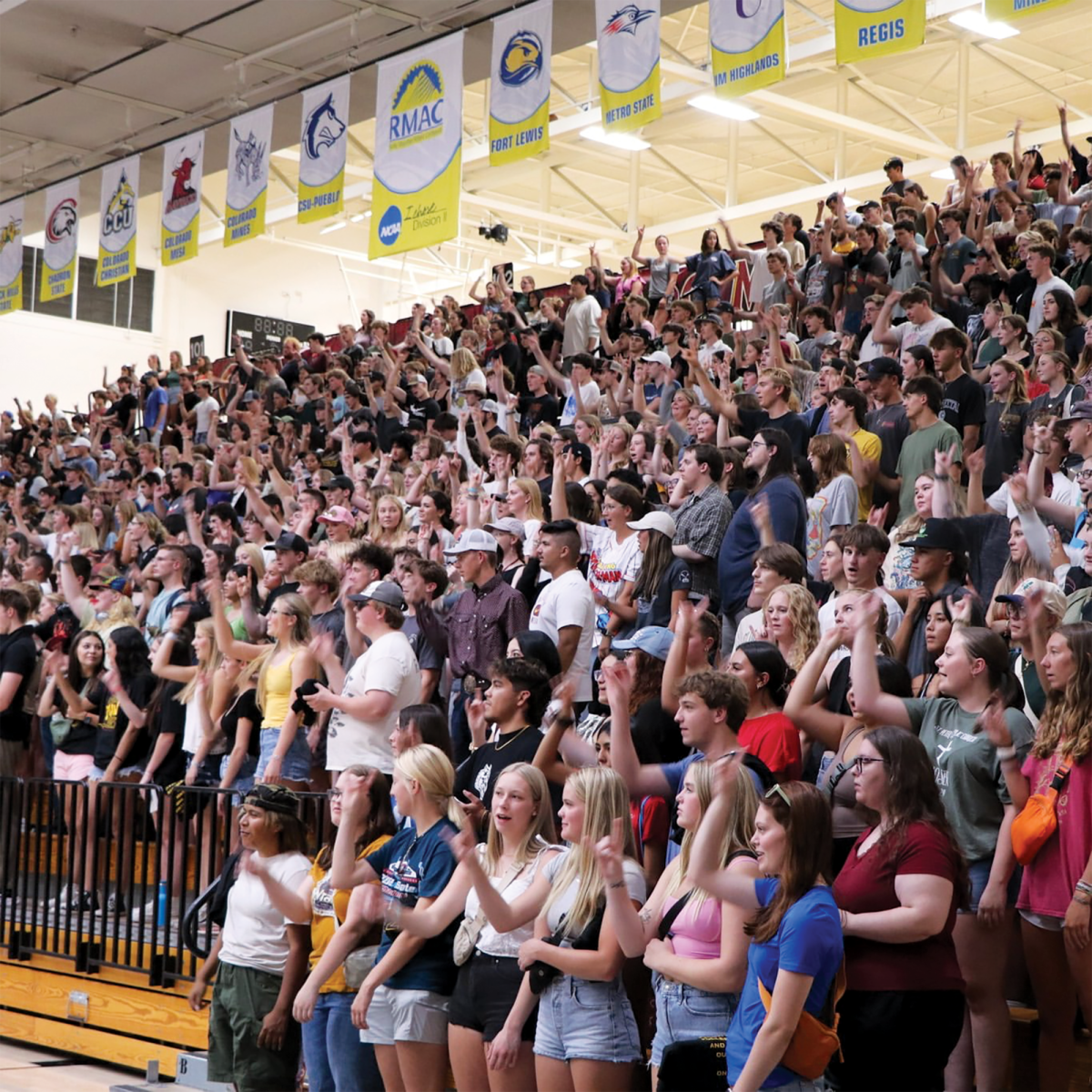 A crowded assembly of new freshman hold up the “Mavs Up” hand sign at an event during the 2024 New Mav Days. Campus experienced a 30% uptick in enrolled freshman in comparison to years prior.
