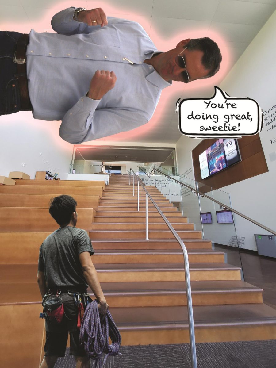President John Marshall astral projects to the dreaded Mount Escalante to cheer on CMU's world champion stair climber as he attempts to summit for his 8 a.m. class. It's the hardest climb he's every attempted.
// Photo by Tiger King for the Criterion