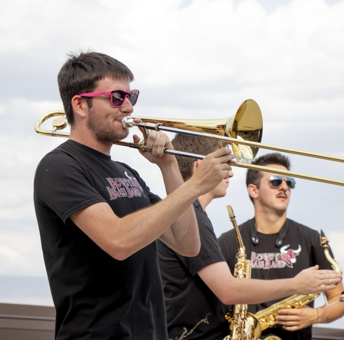 Music performance and applied mathematics major Justin Balderson wails during a trombone solo with the Rowdy Brass Band.