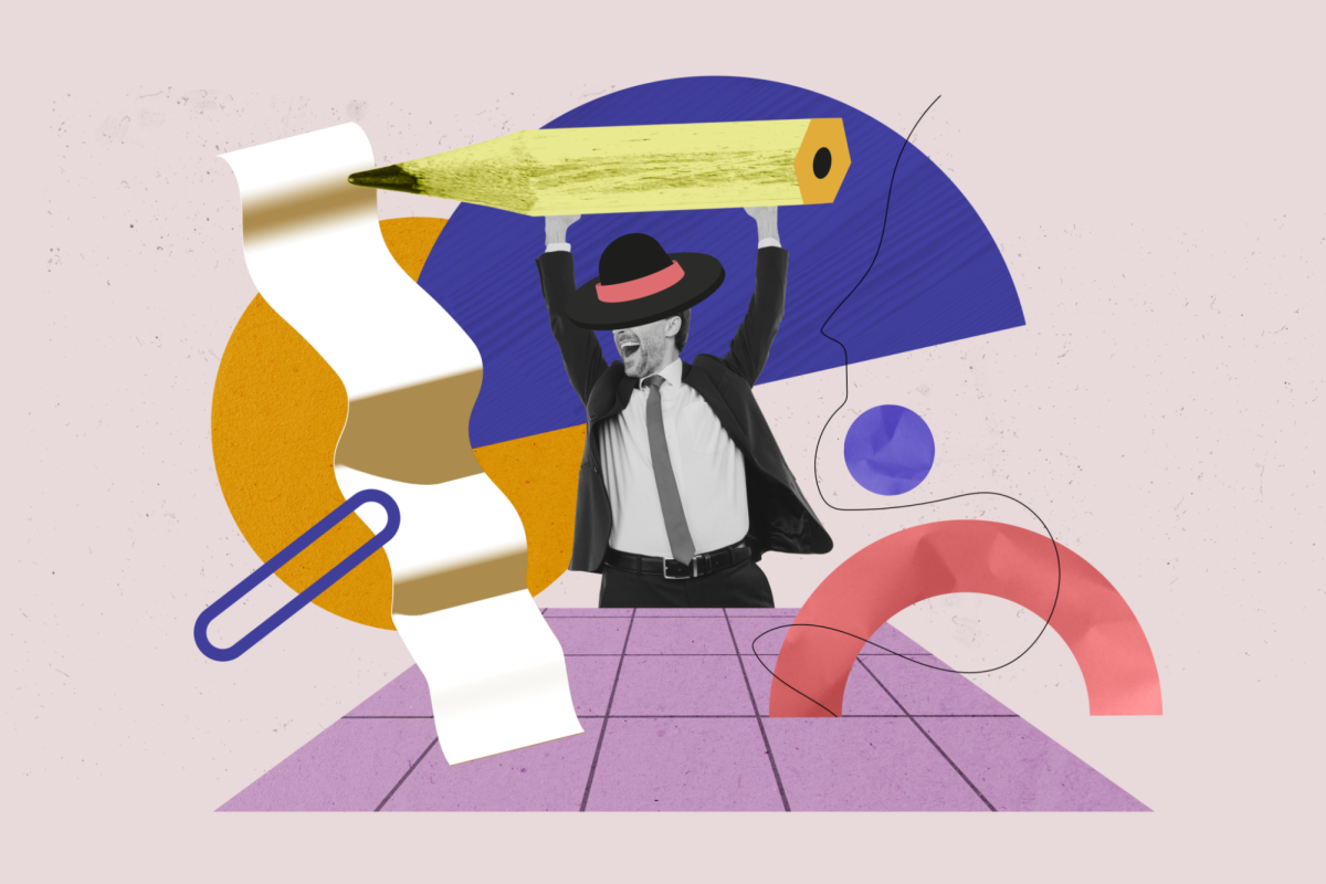 Crazy hat man wielding a giant pencil as he descends into the abstract. He probably has a 4.0 GPA because of his handwritten notes.
