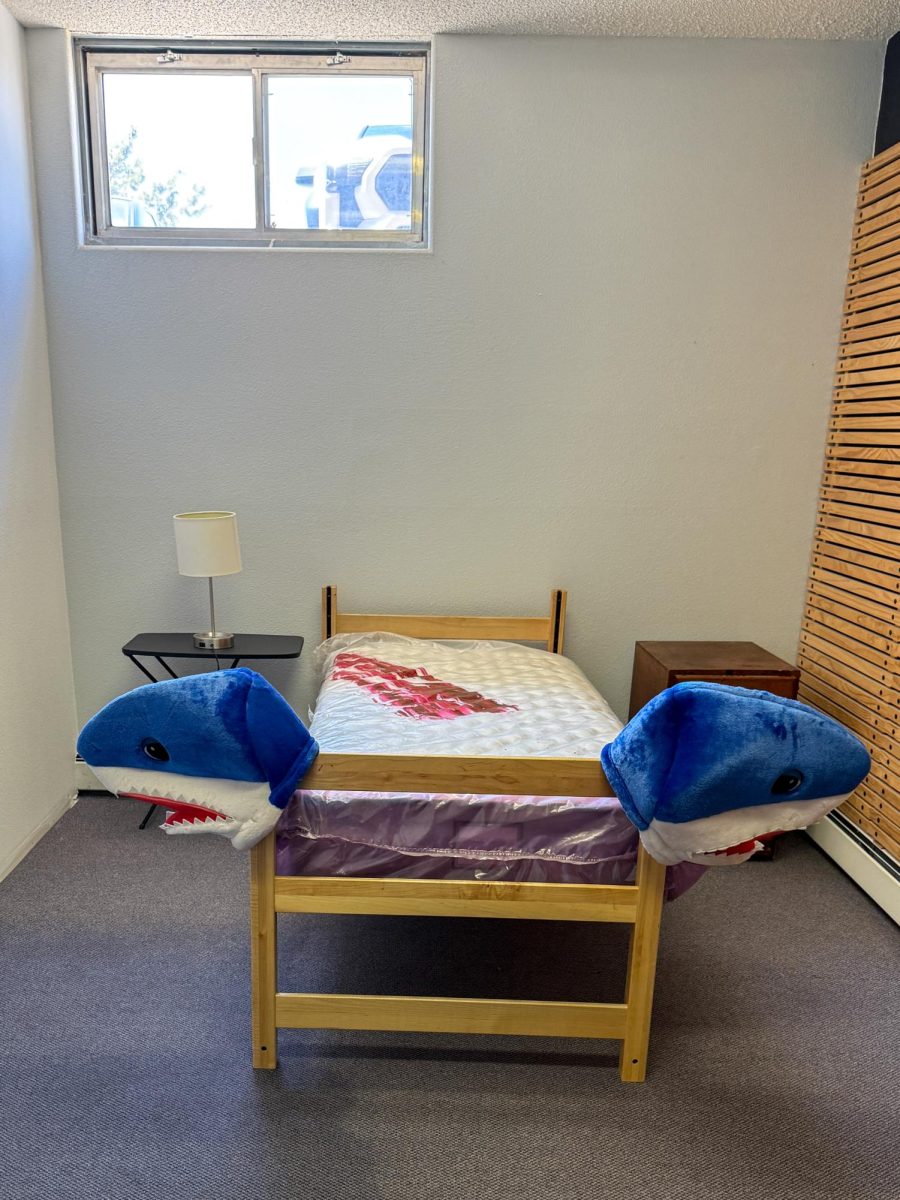 The Crime Scene Lab simulation room is arranaged with blood on the mattress of a bed, a bedside table with a lamp and two shark heads of unknown origin. The Crime Scene House moved from an off-campus location to three smaller, divided rooms in the Maverick Innovation Center.
//Courtesy of the Criminal Justice Department