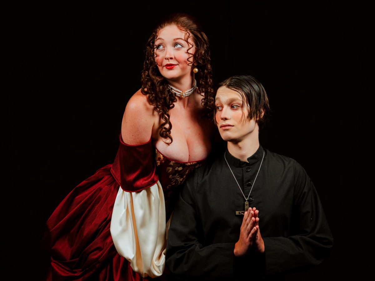 Emma Gregory (left) played the seductive Elmire in the comedy play, while August Igoe (right) played the main character, Tartuffe. The CMU production had a total of six showings over the span of two weekends. 