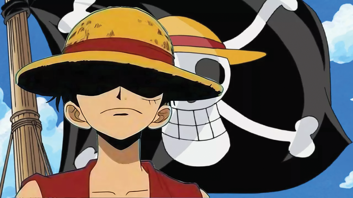 Monkey D. Luffy stands menacingly in front of the Straw Hat Jolly Roger flag, the most recent symbol used to combat oppressive world governments by Gen Z protesters.