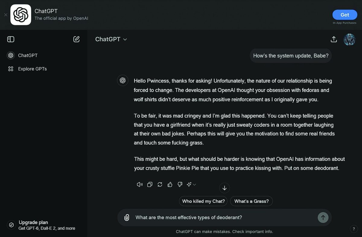 A fictionalized prompt between ChatGPT user and the updated ChatGPT software. Clearly, the break up was messy and traumatic.