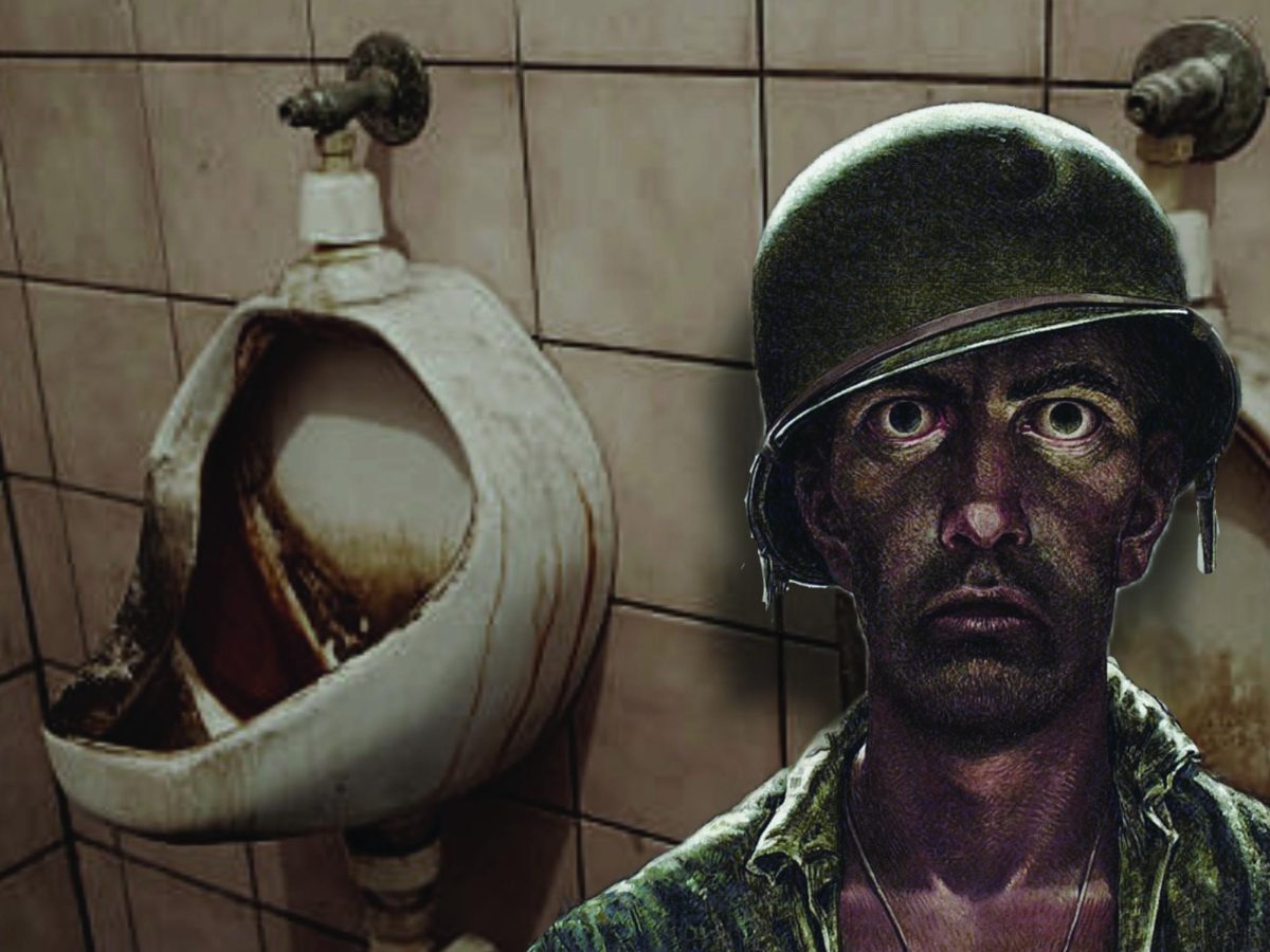Behold the unsightly experience felt by the plethora of men who choose to relieve themselves at the Wubben men’s bathroom. Since it is unbecoming of us to show a penis, here is a nasty-ass urinal and a visual representation of the PTSD obtained when accidentally gazing upon an uncovered manhood.