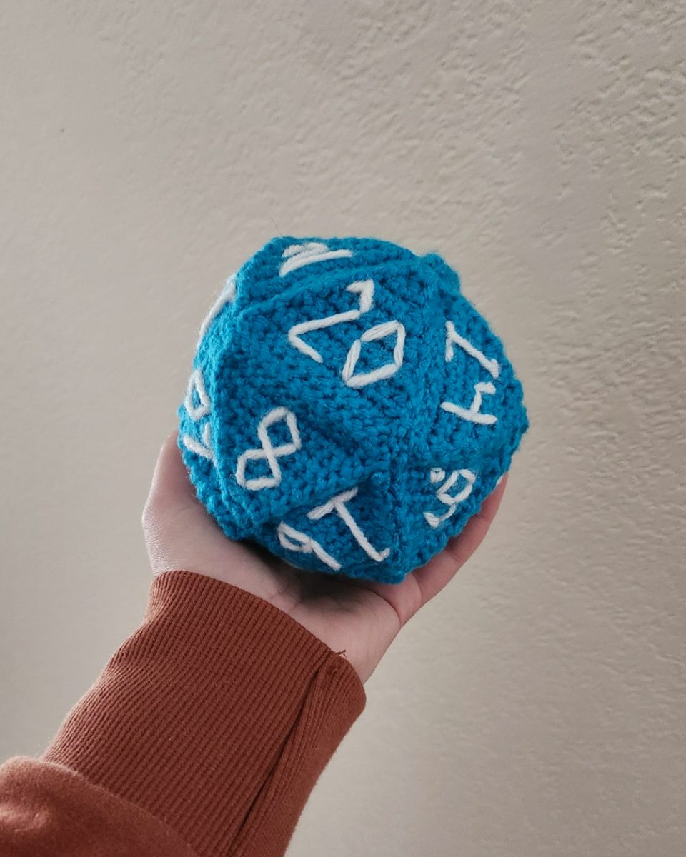 Chloe Williams spent a lot of time chrocheting props for her Dungeons and Dragons (DnD) group over break. This is a twenty-sided die that Williams crocheted. It is a fundamental tool in DnD and an iconic piece of symbolism for the game. 