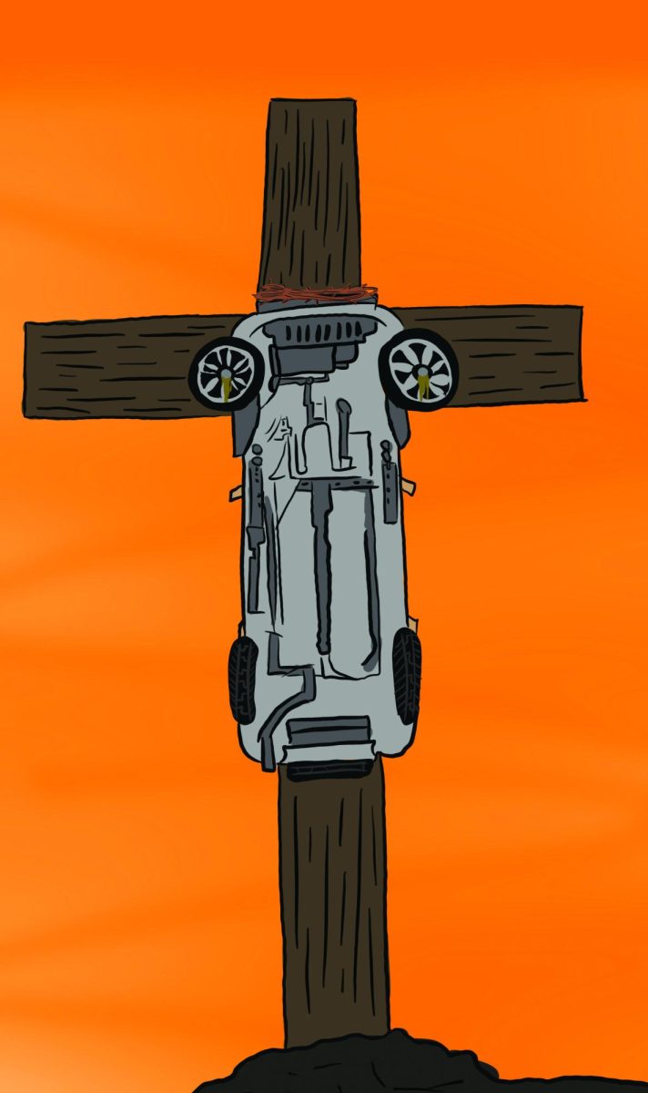 A depiction of Jeepus Christ crucified, for the sins of all cars. Although he doesn’t appear in the movies, the presence of the car pope, Pinion the Fourth implies the existence of this lord and savior.