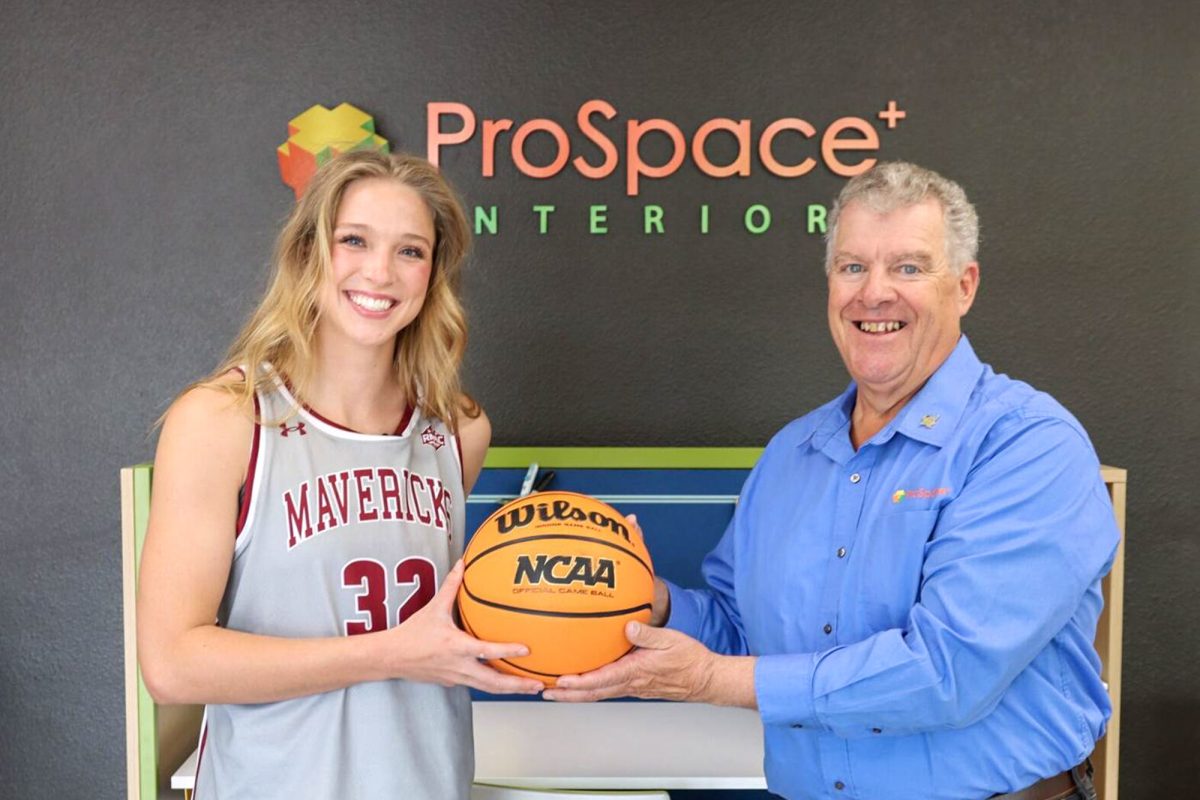 Senior women’s basketball player Olivia Reed-Thyne and President of ProSpace Interiors Dave Huerkamp pose to celebrate  their historical NIL deal. This partnership invites further deals between other local businesses and CMU athletes. 