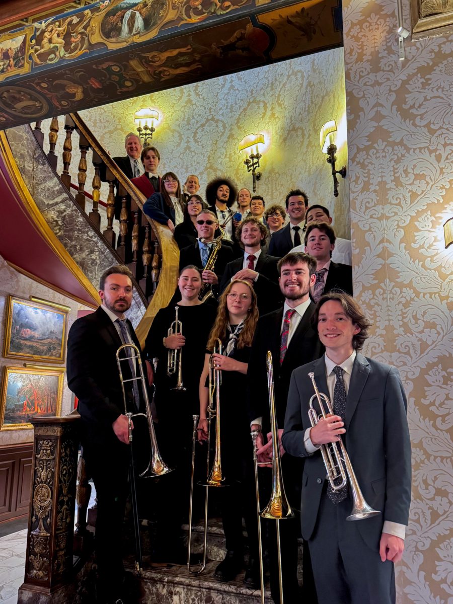 The Jazz Ensemble ensemble poses on the stairs of the historic Broadmoor hotel. The ensemble was invited to perform there for the annual Colorado Music Educator Association (CMEA) conference.