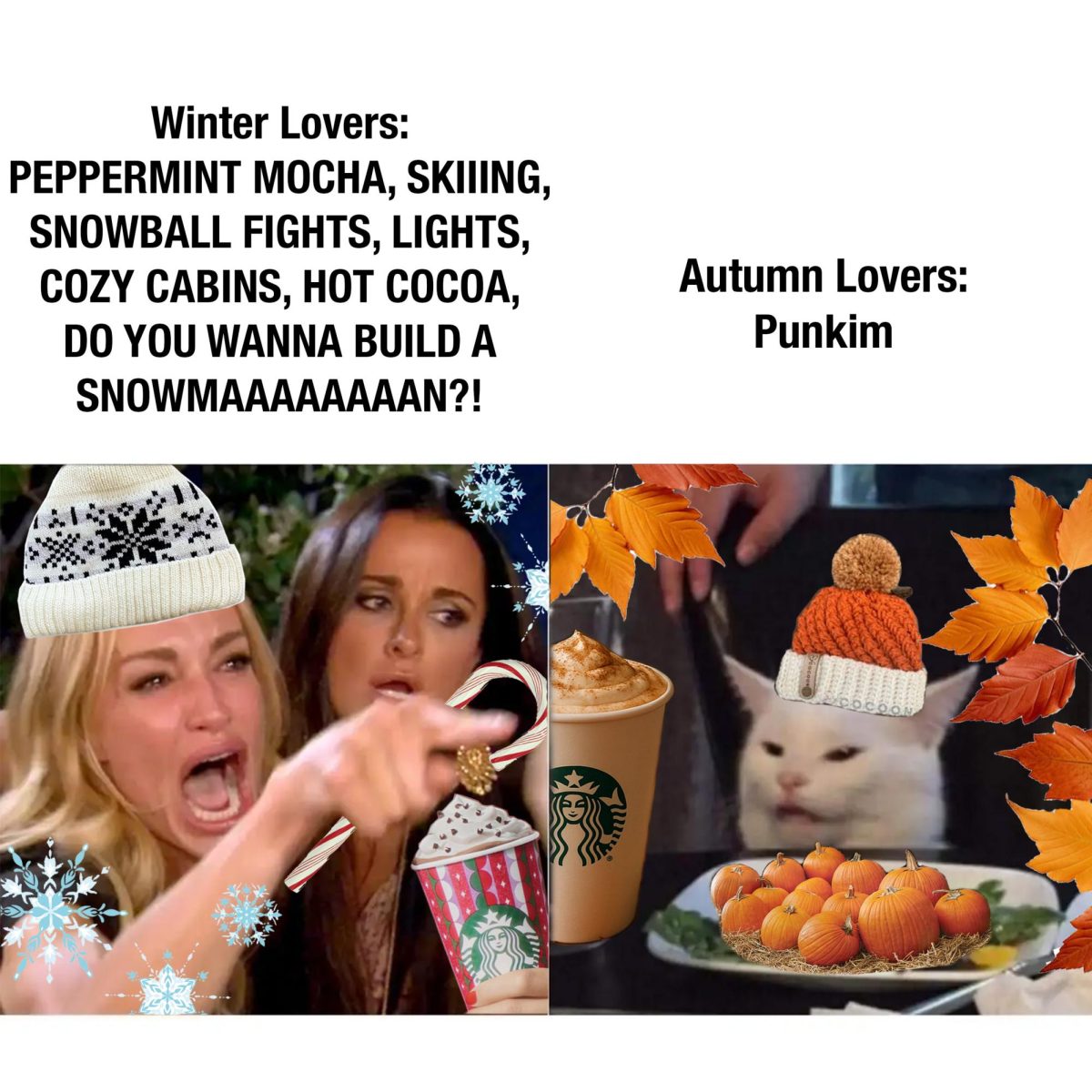 A fictionalized rendition of winter and autumn stans defending their favorite season. While discourse over which season is truly the best usually doesn’t get too heated, there are times where it has gotten pretty intense. 