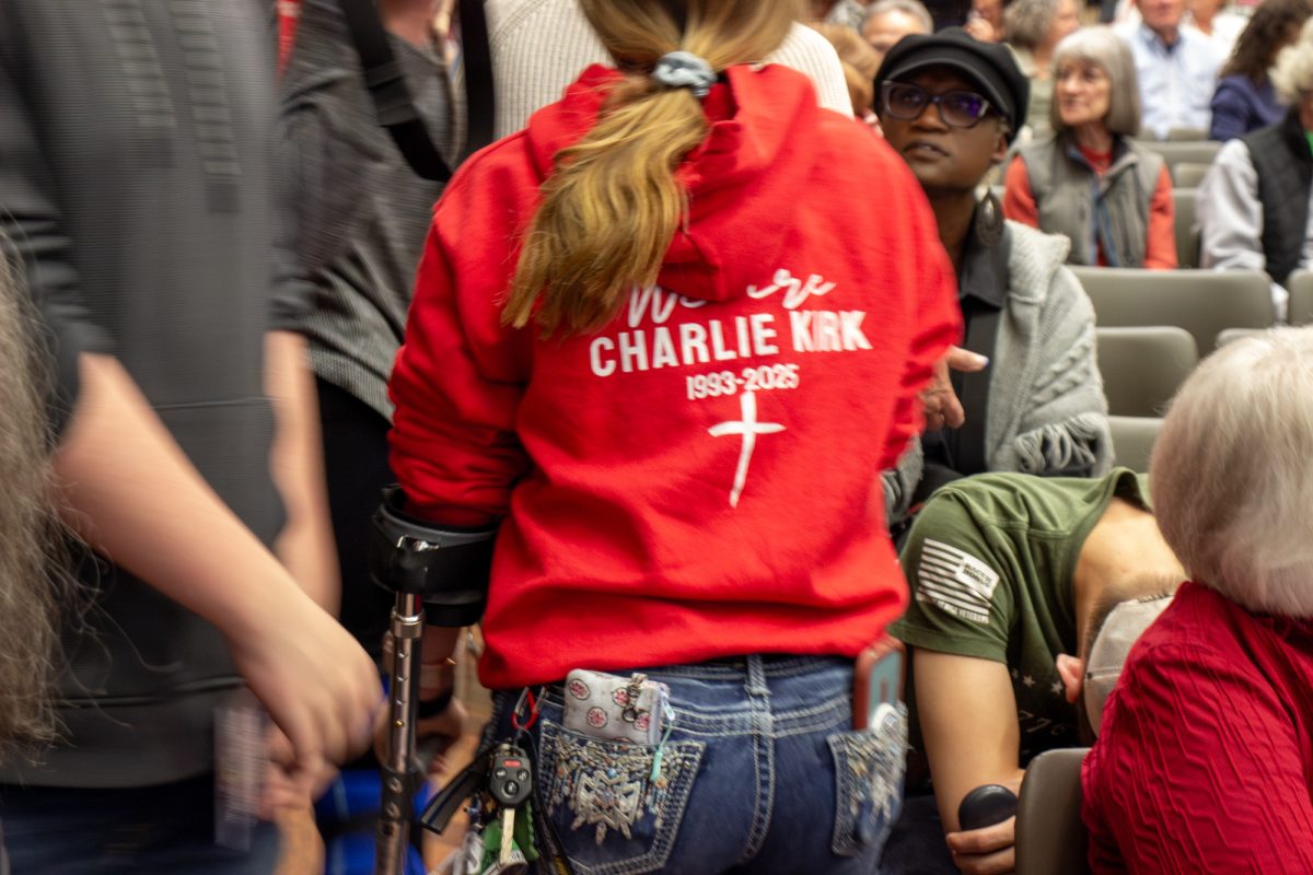 A community member wears a commemorative Charlie Kirk Hoodie at a Turning Point event held in the University Center. Attendees were able to ask Colorado governor candidates questions about their political positions, policies and agendas. CMU’s Turning Point USA (TPUSA) chapter hosted the forum on Feb. 9 and around 100 turned out to hear the panel speak about water rights, housing affordability and reigning in government spending.