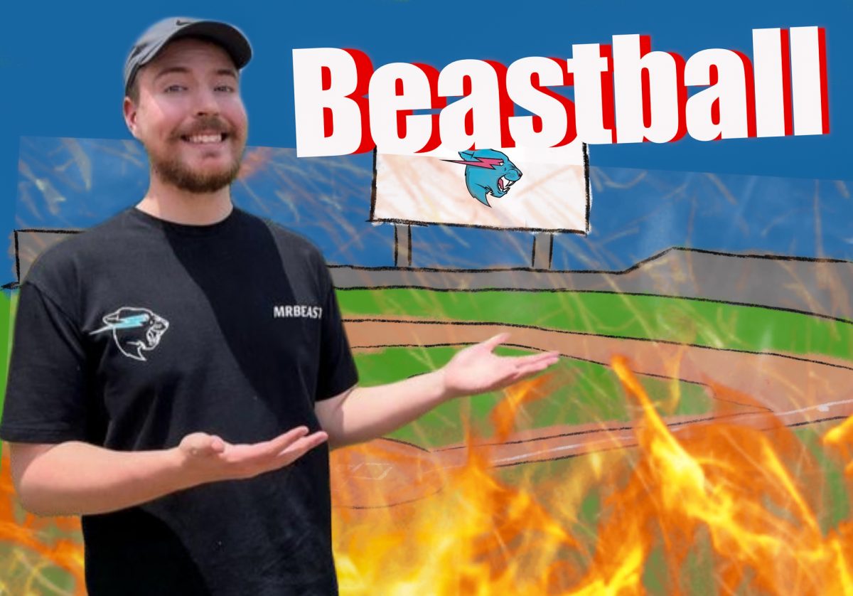Game Maker and internet star Mr. Beast poses on a Beastball field. Beastball is premiering at the end of April.