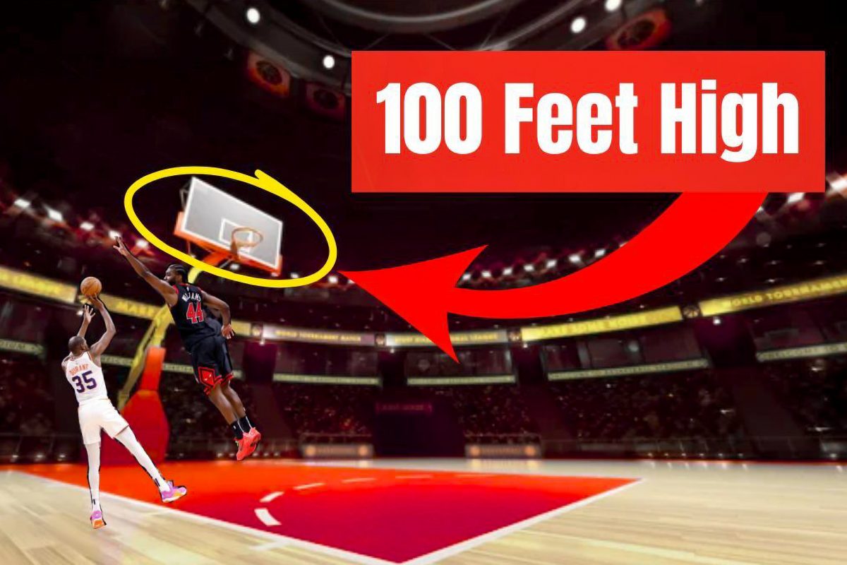 Esteemed “Short King” NBA player Bevin Gurant struggles to shoot against 7’9” Henry Glissinger. Recent studies find that NBA players are averaging over 8 ft tall; the NBA plans to combat this by raising the nets. 
