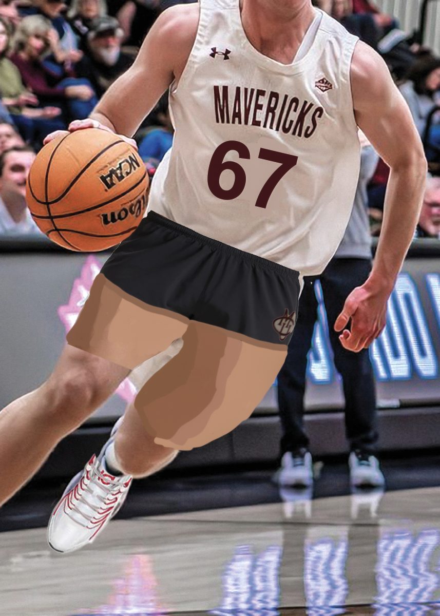 Senior forward Optimal Gooner (67) rushes the basket on the night of March 3 against UCCS. Gooner and the rest of the Mavericks debut their new uniforms that cause fans to gush. This new uniform is part of the head coach’s new strategy meant to intimidate opponents and increase lower-body mobility for players.