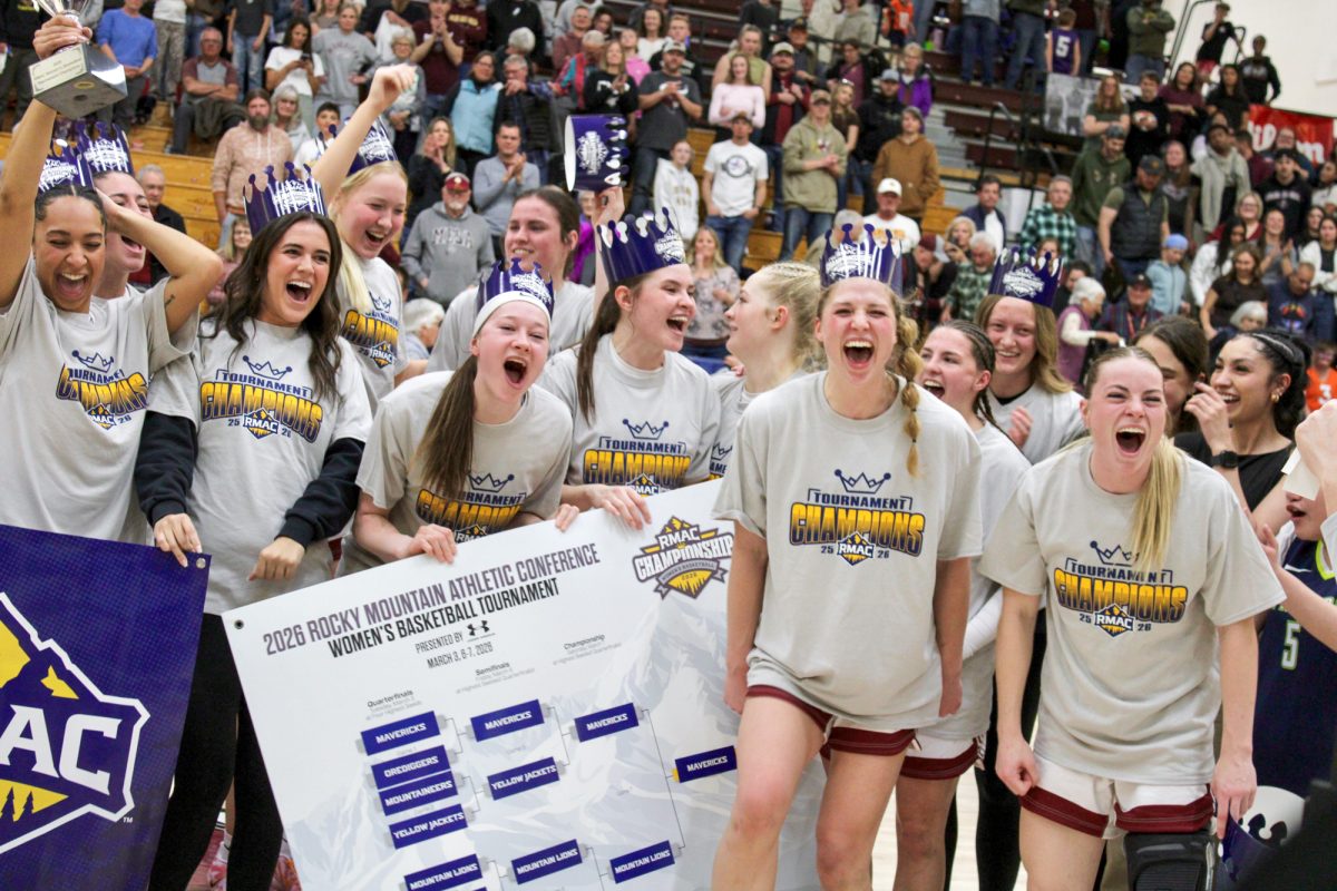 Women’s basketball celebrates after sweeping the competition at the Brownson Arena duirng the RMAC tournament. CMU battled University of Colorado Colorado Springs (UCCS) in the final round, both this season and in 2025. The Mavericks lost in 2025 but stomped on UCCS this time, winning 92-67.