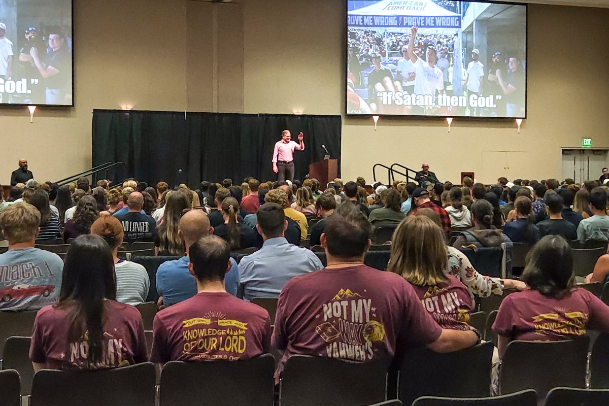 Frank Turek presents his speech called "If God, Why Evil?" to the University Center Ballroom on March 24. Turek seeks to defend Christianity with logic arguments and was a close friend to Charlie Kirk, who he quoted a few times throughout the event.